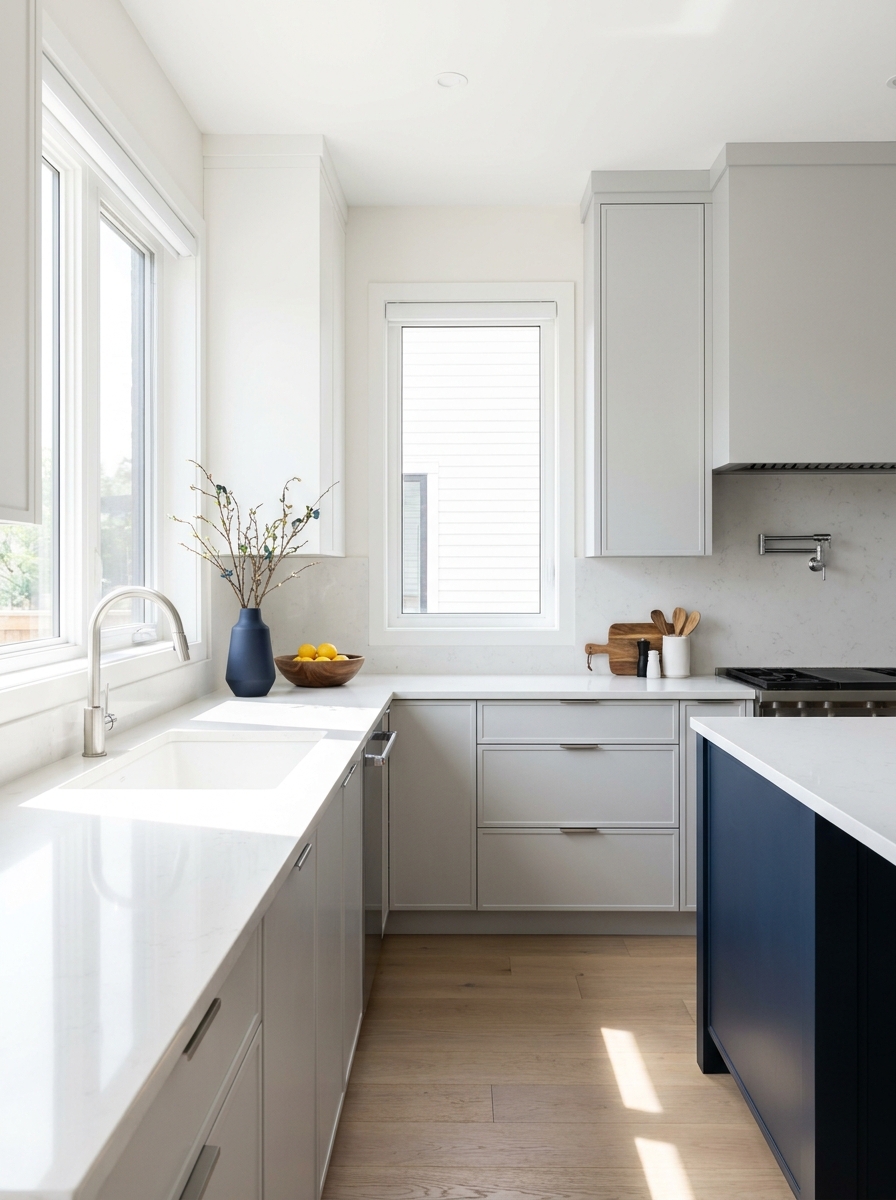 Spotless bright modern kitchen, gleaming quartz countertops and sink, sunlight, vertical composition