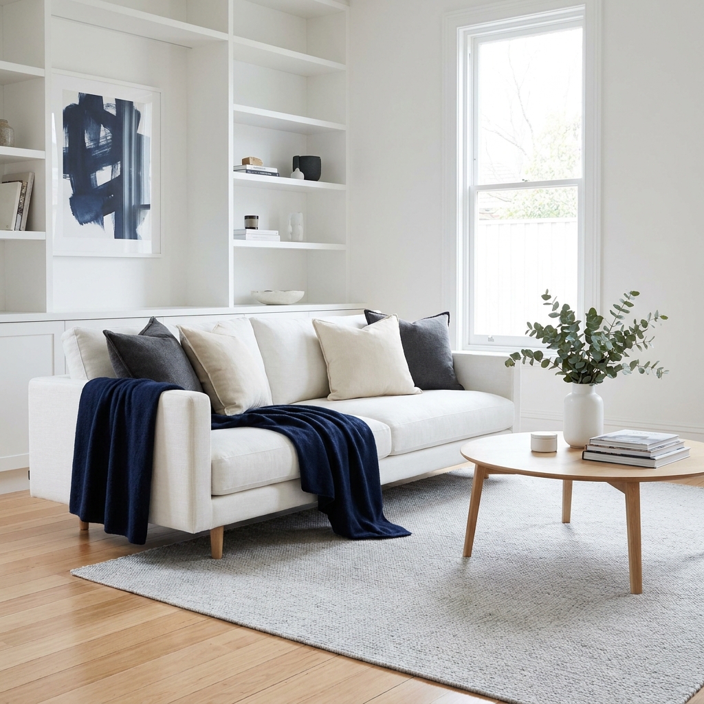 Freshly cleaned minimalist living room with natural light and plump cushions