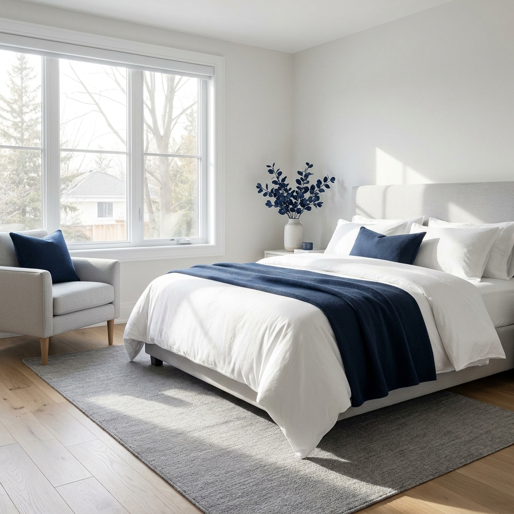 Tidy sparkling bedroom with crisp white linens, soft morning sunlight, calm