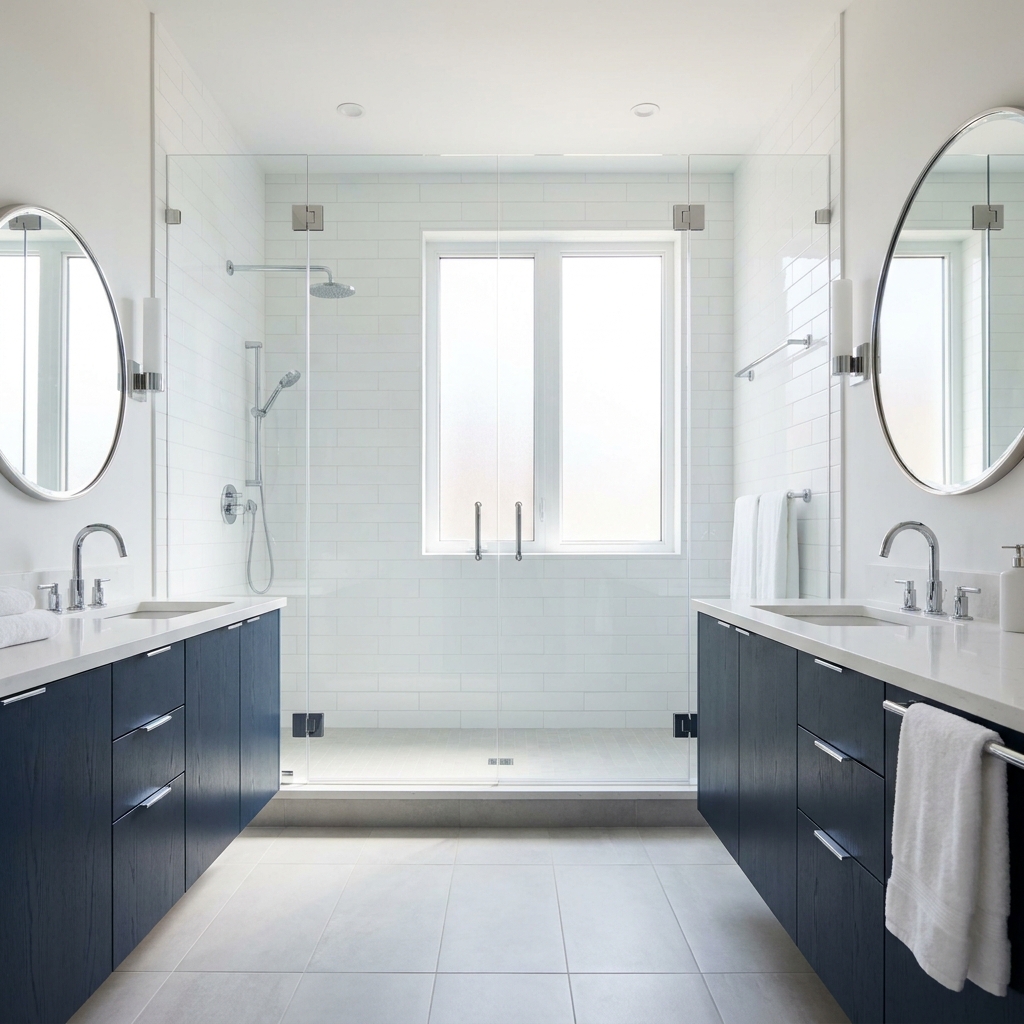 Gleaming clean modern bathroom, polished chrome fixtures, sparkling tile
