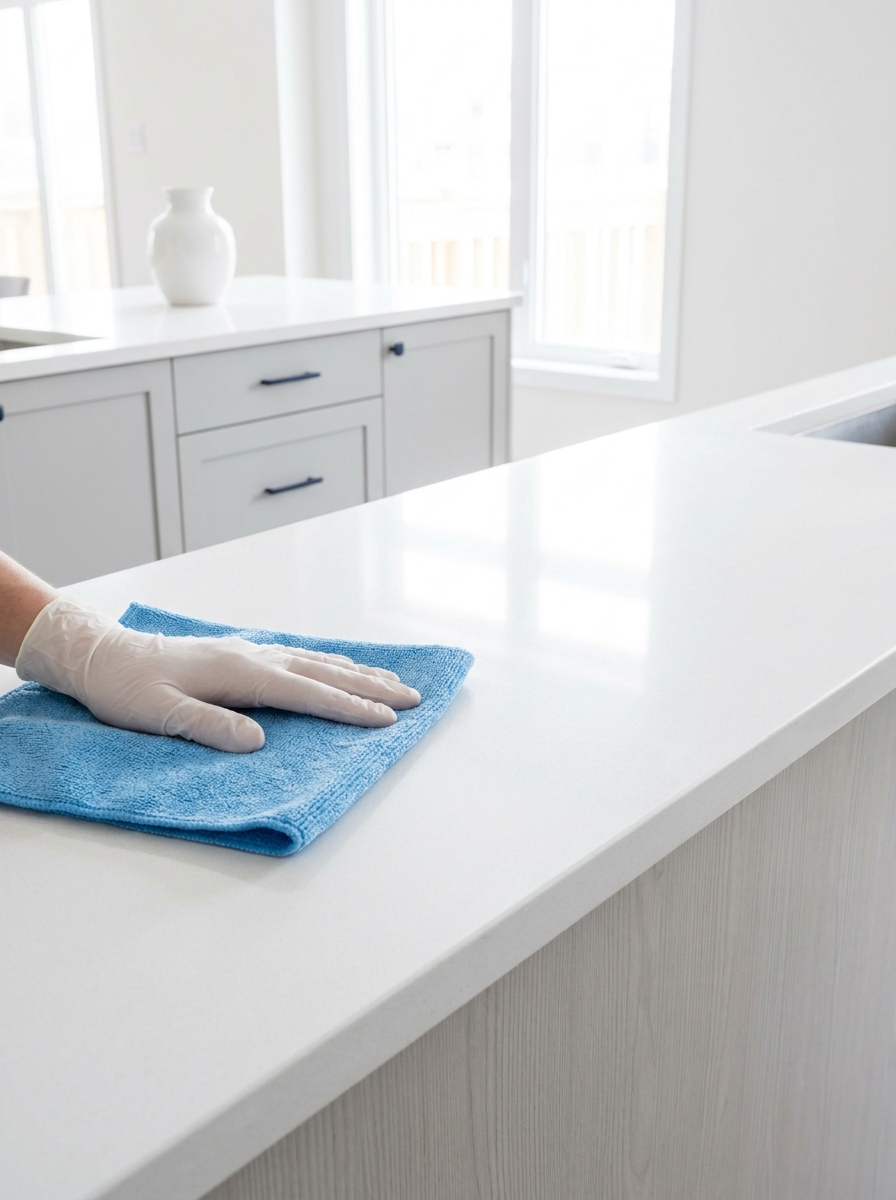 Professional cleaner detailing a surface with a microfiber cloth, action close-up, vertical composition