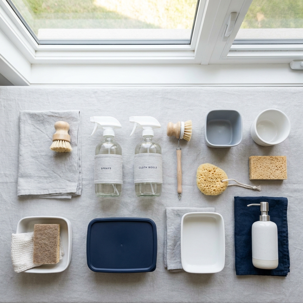 Neatly arranged eco-friendly cleaning supplies and tools, premium flat lay