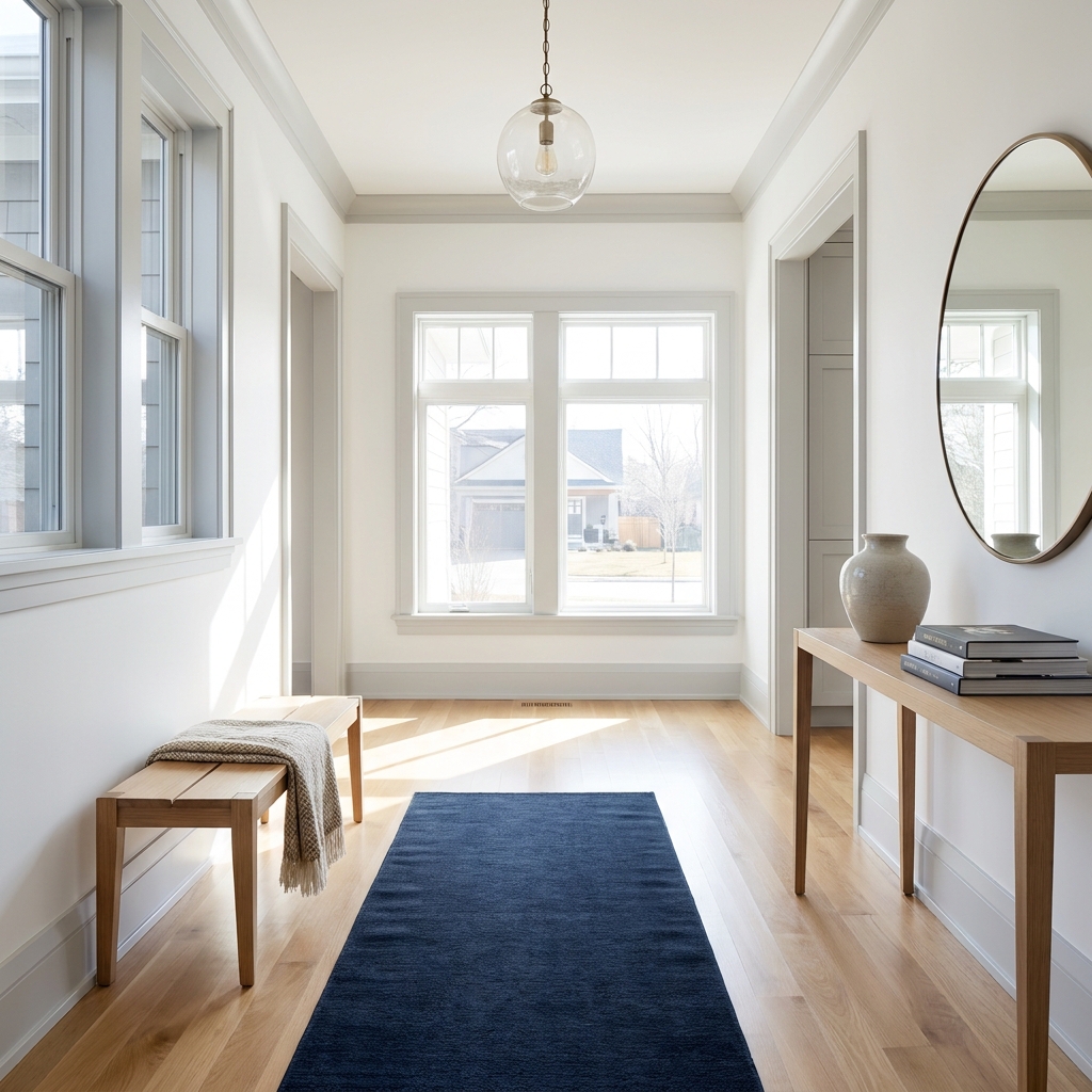 Bright welcoming clean home entryway and hallway, polished floor