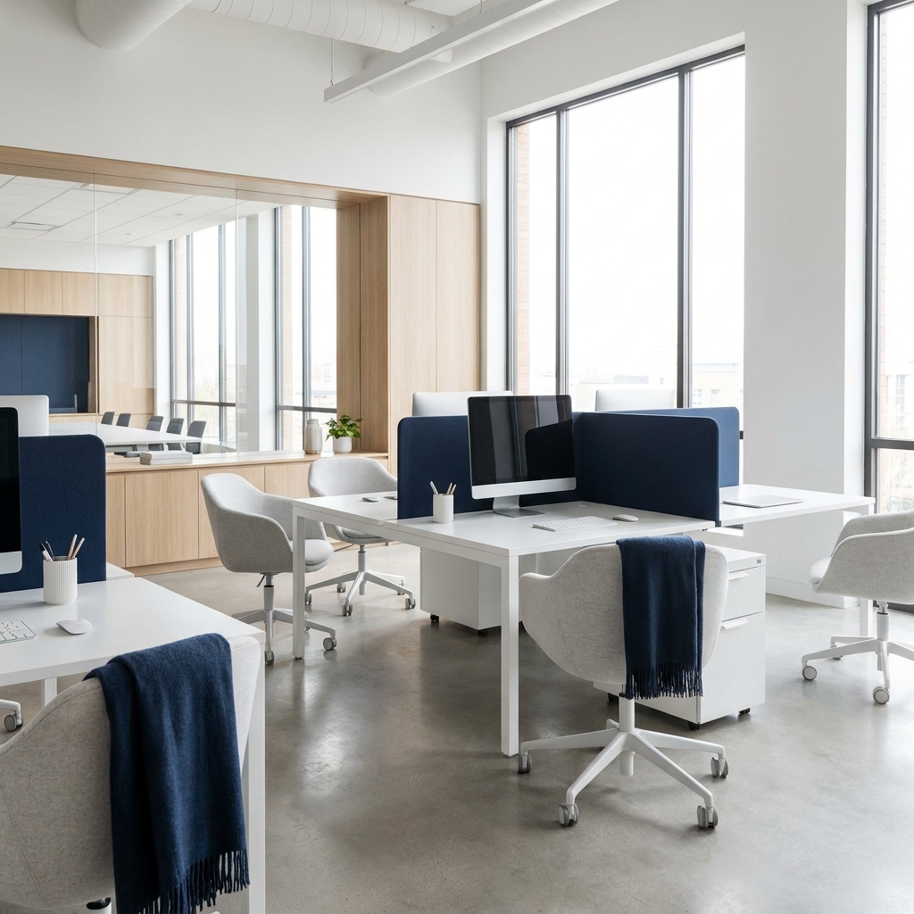 Clean modern commercial office workspace, tidy bright and professional